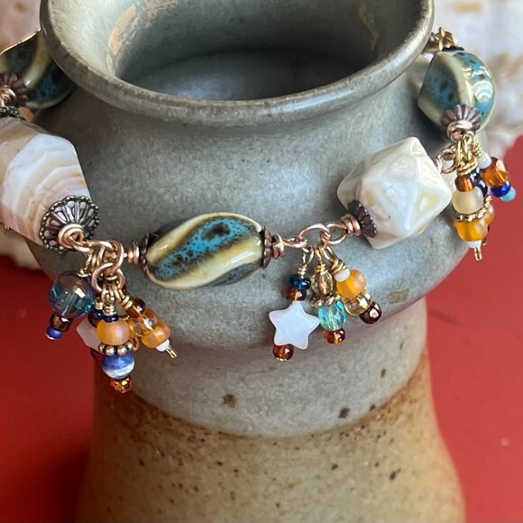 Boho Dangle Bracelet, Banded Agate Gemstone, Ceramic Beads, Wire Wrapped Dangles - Picture 14 of 15